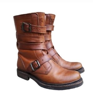 Frye Veronica Tanker Moto Boot Cognac Brown Leather Sz 8B 8